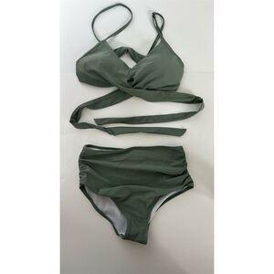 Women's 2-Piece Green Bikini Set Size S High-Waisted Halter Adjustable Straps
